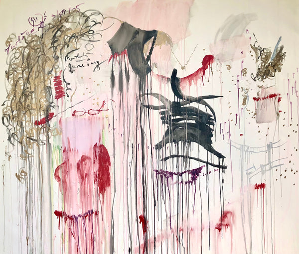 PP6-THE GIRL WITH THE LONG CURLY HAIR Size 78,70inx66,93in by the french painter James Arax made in 2005. Master painting of the presence painting performance.