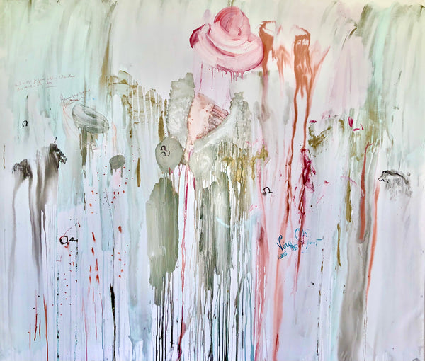 PP5-THE GIRL WITH A PINK HAT Size 78,70inx66,93in by the french painter James Arax made in 2005. Master painting of the presence painting performance.