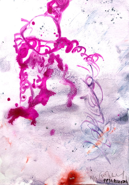 PP34 XS14-THE GIRL WITH THE ORANGE BRACELET Size 5,82inx8,27in a painting on paper by the french painter James Arax made in 2010. Painting on paper made during the painting performance presence painting 34.