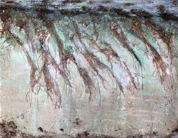 HAUTEUR D'EAU 57,87inx44,88 in a painting on canvas by the french contemporary painter James Arax made in 2009. Collage of plants on the canvas.