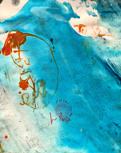 P55 XS8-THE GIRL WITH THE GLITTER TOP Size 6,7inx8,3in a painting on paper by the french contemporary painter James ARAX made in 2011. This painting is made during the presence painting session.