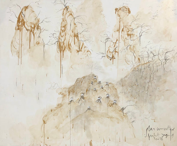 Das unwetter in sichuan, 2002 , a large painting 232x200cm by James arax. Brou de noix - Walnut on fin linen canvas. white bandage around stumps. A painting realised after the storms  Lothar &Martin 1999