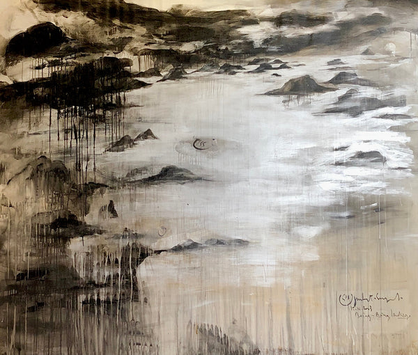 STORM OVER IPANEMA 1 Size 78,70inx66,93in a painting on canvas by the french contemporary painter James ARAX made in 2003. James made this painting after a trip to Brazil. Especially in Rio and the Costa Verde. He uses silver pigments for the reflections of  sun on the sea before the storm.