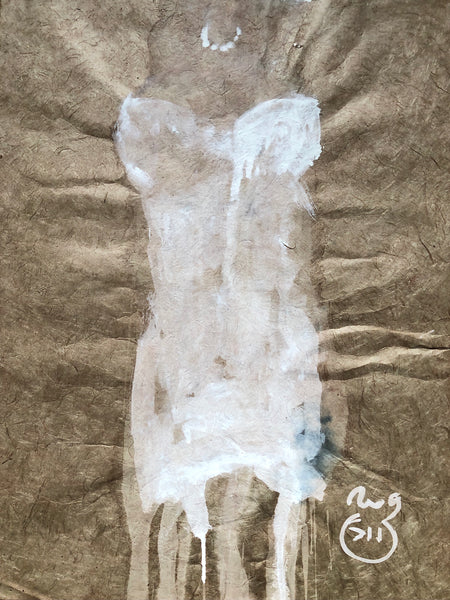 CORSET LOKTA 6 15,74inx19,68in a painting on beige lokta paper  by the french parisien contemporary painter James Arax made in 2009