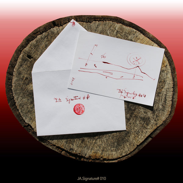 JA.SIGNATURE#010 NFT created from the physical collection JA.Signature by James Arax. On the picture : On a log, in the foreground the JA.Signature paper card and below the envelope with the number of the NFT t and james sign (LogoType).