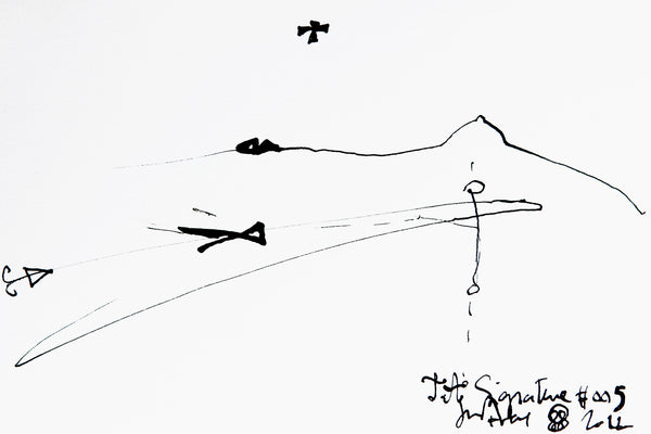 Original ink on paper JA.SIGNATURE N°5 by James Arax -in abstract style with thin ink lines - James Arax draws a body in profile in the upper part and a body in plan in the lower part of the card.