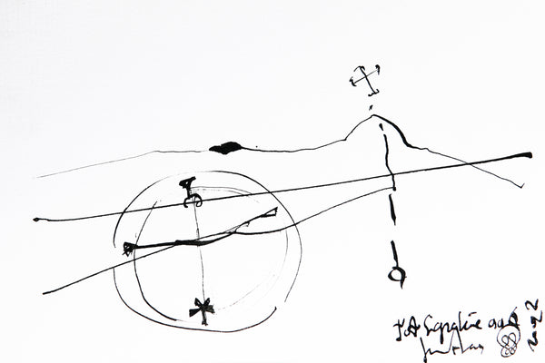 Original ink on paper JA.SIGNATURE N°6 by James Arax -in abstract style with thin ink lines - James Arax draws a body in profile in the upper part and a body in plan in the lower part of the card.