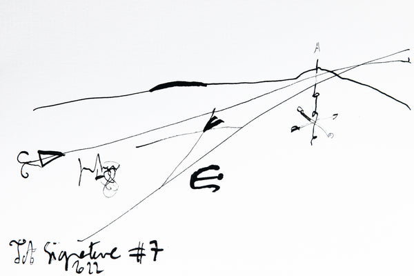 Original ink on paper JA.SIGNATURE N°7 by James Arax -in abstract style with thin ink lines - James Arax draws a body in profile in the upper part and a body in plan in the lower part of the card.