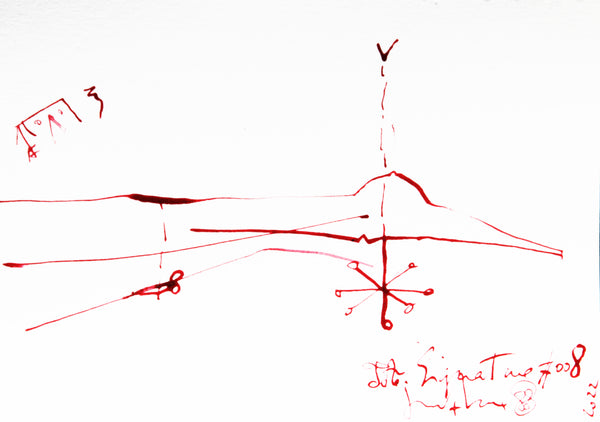 Original ink on paper JA.SIGNATURE N°8 by James Arax -in abstract style with thin ink lines - James Arax draws a body in profile in the upper part and a body in plan in the lower part of the card.
